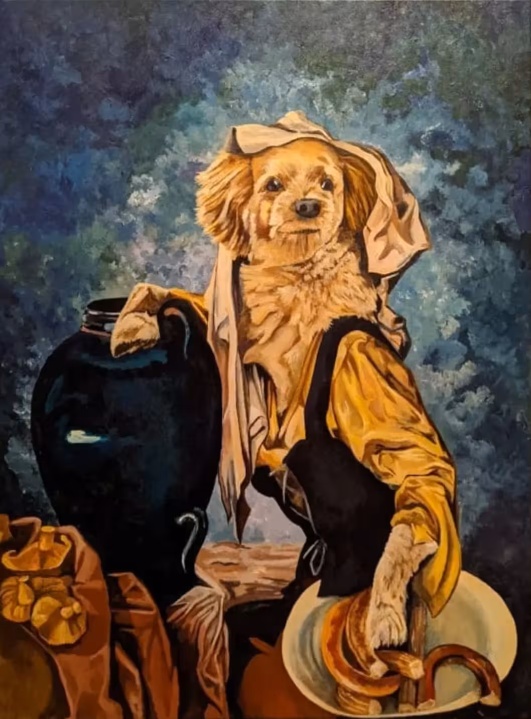 painting of a small dog, alongside a vase and a plate of food